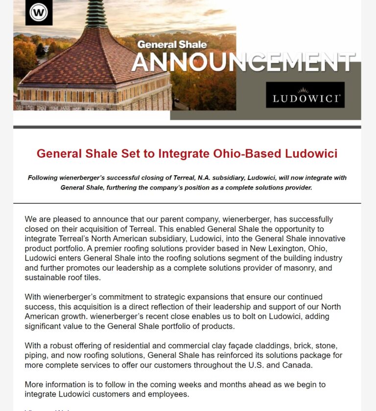 General Shale Acquires Ludowici Announcement