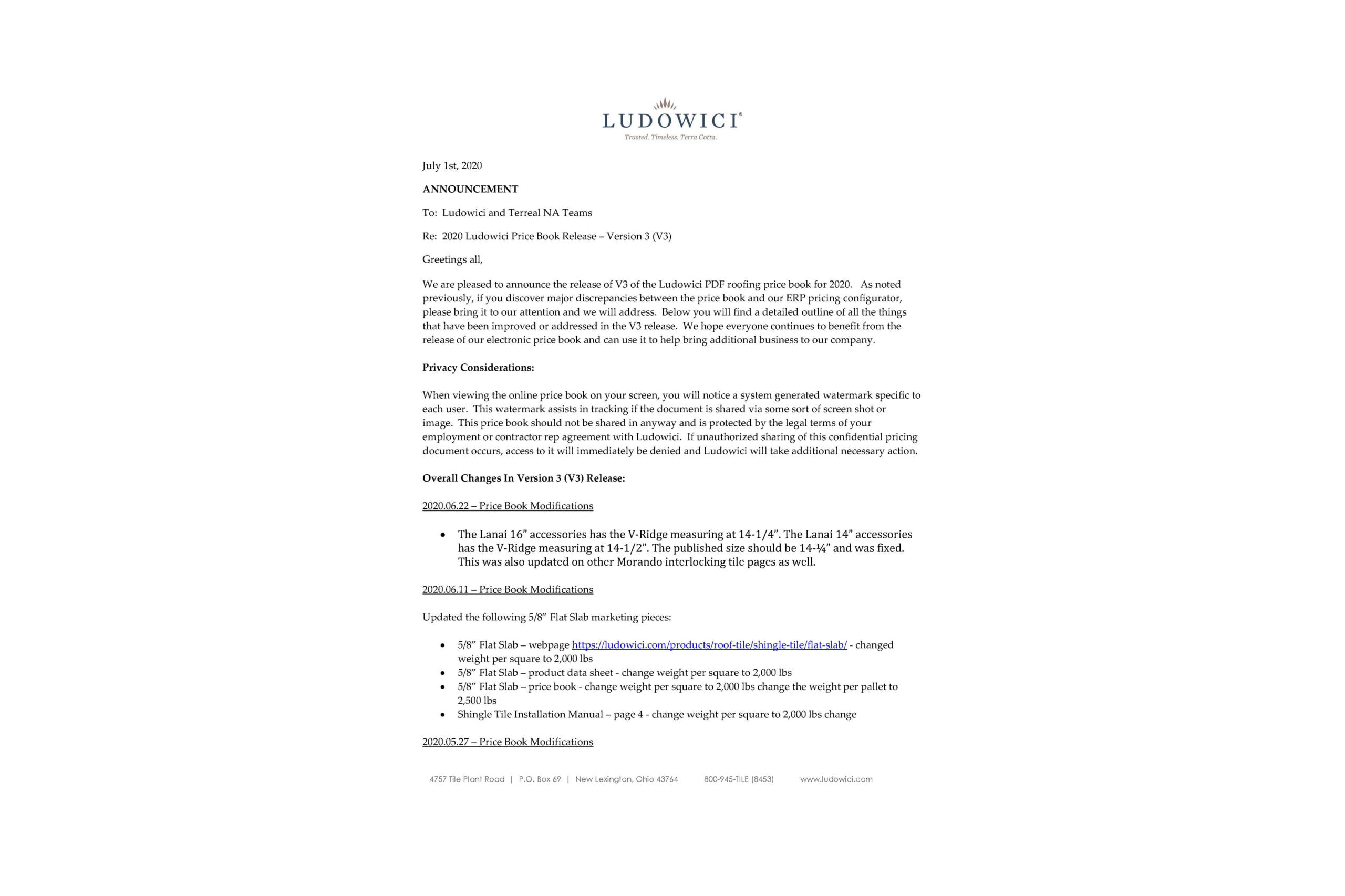 2020 Ludowici Price Book – V3 Release Info