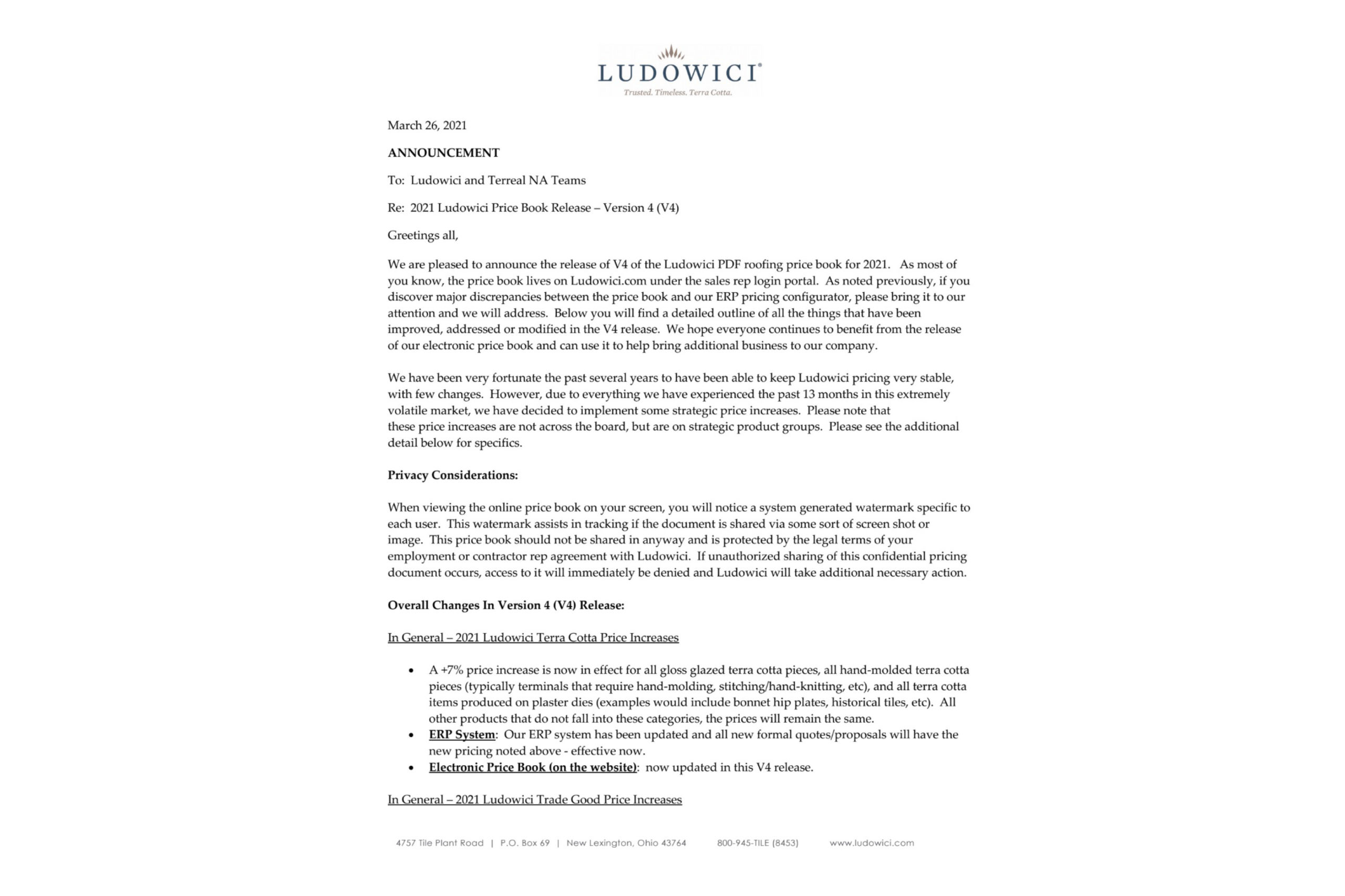 2021 Ludowici Price Book – V4 Release Info